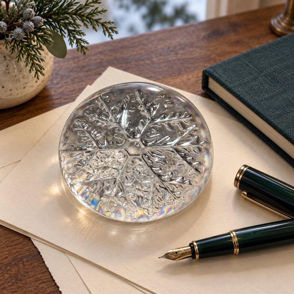 Vintage Clear Glass Snowflake Paperweight 3.5in Domed Winter Desk Decor